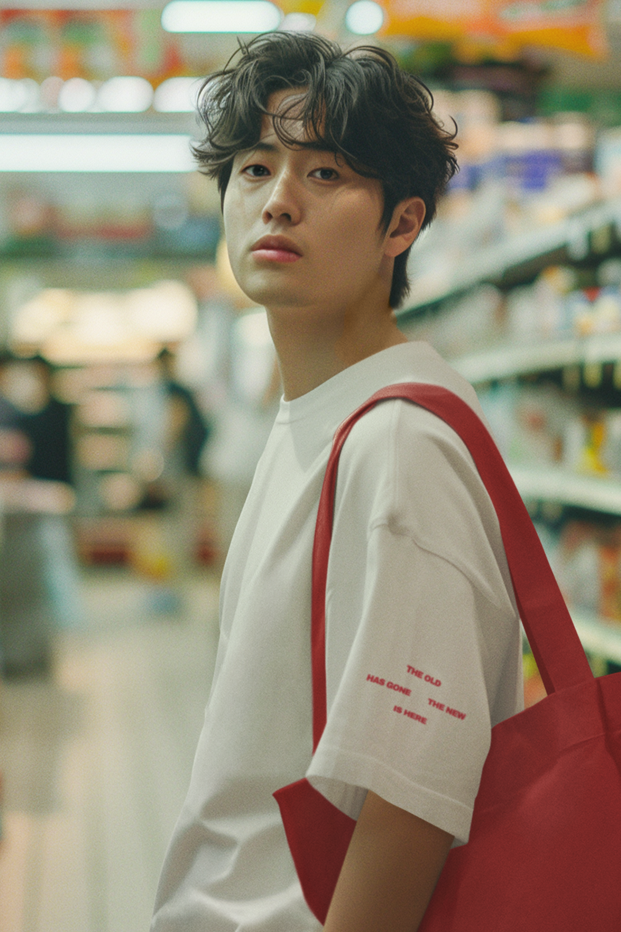 Person wearing a white Christian t-shirt with red accents in a store setting
