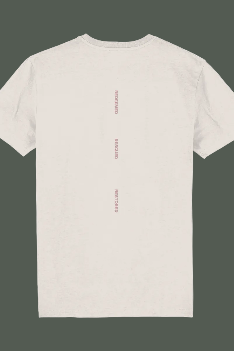 organic cotton christian t shirt in off white with rescued redeemed restored on back